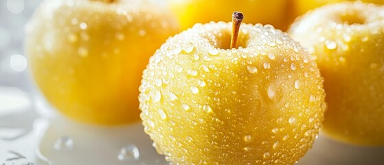 A top-down view captures fresh yellow apples adorned with water droplets, emphasizing their vibrant color and natural textures. The layout offers a perfect copy space for messaging