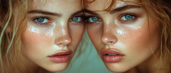 Wall Mural - Close-up Portrait of Two Women with Wet Hair and White Facial Cream