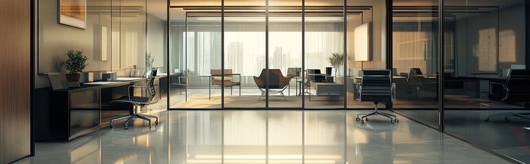 Wall Mural - Modern office interior with glass walls and a view of the city skyline through large windows.