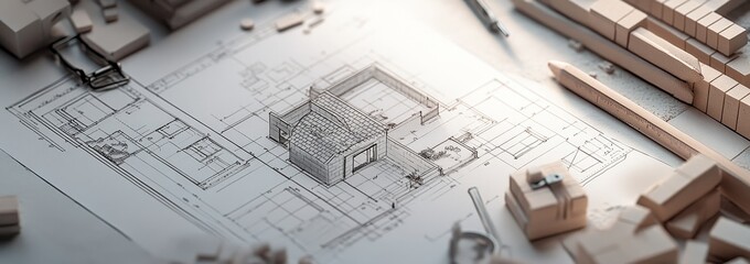 Aufkleber - Miniature model house placed on blueprints with construction materials.