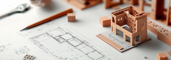 Poster - Wooden model house on blueprint with pencil and tools.