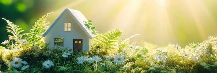 small white house in a field of green grass and white flowers with the sun shining in the background