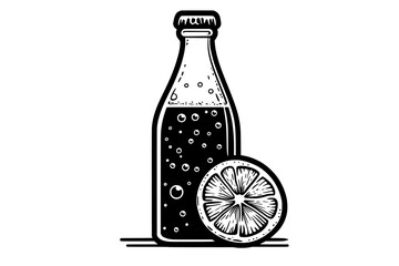 Wall Mural - Clear bottle containing sparkling water, with effervescent bubbles and a lime slice, vector illustration art