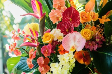 Sticker - This vibrant bouquet showcases a stunning mix of tropical flowers, perfect for brightening up any space or celebration. Generative AI