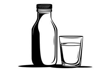 Wall Mural - Filled almond milk bottle beside a glass of milk, vector illustration art