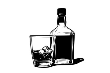 Wall Mural - Filled glass of whiskey beside a sealed bottle with ice cubes, vector illustration art