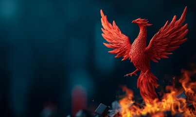 phoenix bird rising from ashes - digital art illustration - rebirth symbolism and concept - fire and technology