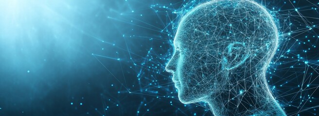 Abstract digital human head made of glowing lines and dots against blue background.