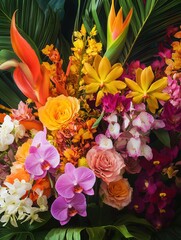 Poster - Tropical flowers showcase vivid colors and exotic shapes, creating a stunning display that brightens any space or occasion. Generative AI