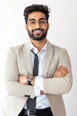 Wall Mural - young indian businessman standing on white background