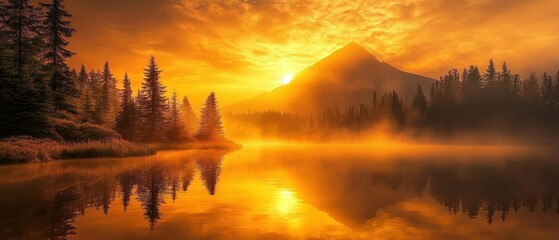 Wall Mural - A Tranquil Mountain Lake at Sunrise with Fog and Silhouetted Trees