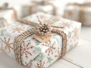 Sticker - Beautifully wrapped festive gift with snowflake pattern and a pinecone decoration on a rustic wooden surface.