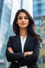 Wall Mural - young indian business woman standing near office building