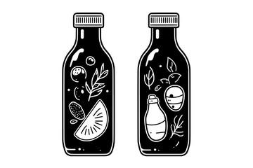 Two bottles side by side, each with different keto beverage flavors and information, vector illustration art