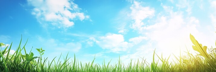 Wall Mural - Green grass against a blue sky with fluffy white clouds.