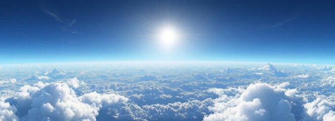 Wall Mural - a panoramic view of fluffy white clouds and a bright sun shining through the blue sky.