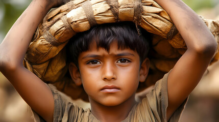 Canvas Print - A young boy carrying a large basket on his head, looking serious.