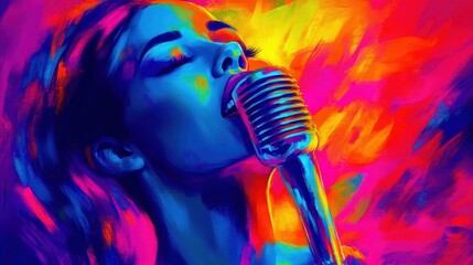 A vibrant, artistic portrayal of a singer passionately belting out melodies into a classic microphone against a colorful backdrop.