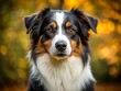 A majestic Australian Shepherd stands proudly, its black and white fur a striking contrast as it surveys its surroundings with an intelligent gleam in its eye.