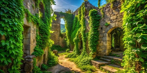 a photo image of lush green vines crawling up ancient stone ruins with afternoon sunlight casting dappled shadows