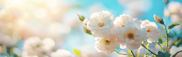 Wall Mural - delicate white roses in bloom against a soft blue sky with a sunlit bokeh background.