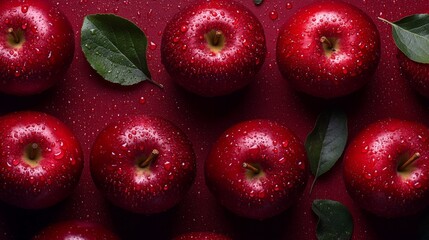 A close-up view of fresh red apples with glistening water droplets and leaves captured in high resolution. The vibrant colors enhance the appealing presentation