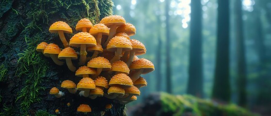 Cluster of mushrooms on a tree, deep forest, soft natural light, detailed texture, vibrant nature scene