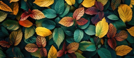 Poster - Colorful and vibrant green yellow orange and red autumn leaves backdrop Nature fall season theme Foliage Outdoors Copyspace flat lay top view