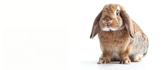 Close up of a brown Holland Lop rabbit on a white background isolated with copy space