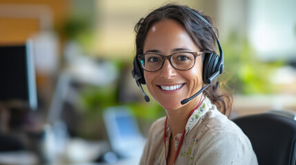 young beautiful woman working at call center