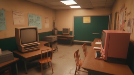 Poster - Vintage computer room, retro technology, old monitors, nostalgic office setup, classic workplace.
