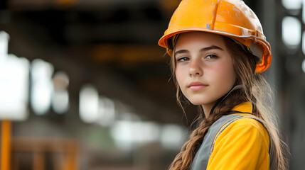 Canvas Print - A young girl in a construction helmet poses confidently.