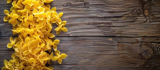 Canvas Print - Italian yellow pasta on a wooden surface close up. Copy space image. Place for adding text and design