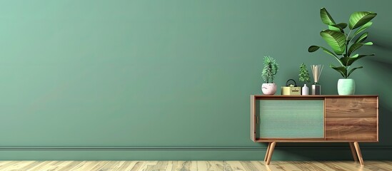 Sticker - Contemporary living room layout featuring modern home decor and personal items on a eucalyptus wooden commode Sage green wall Template Copy space