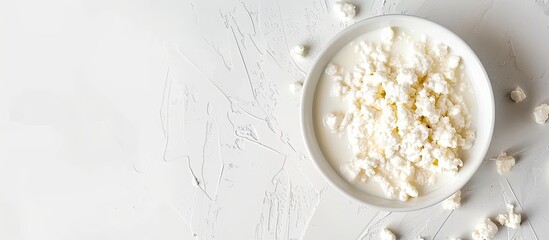 Canvas Print - Healthy breakfast featuring milk and cottage cheese on a white background top view Copy space The idea of nutritious and tasty food