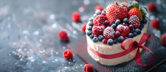 heart shaped sweet cake topped with berries and a gift box valentine s day greeting card includes co