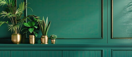 Poster - Stylish and contemporary living room arrangement Green wall panels featuring a shelf Attractive plants in gold pots along with decorative items and refined personal accessories Modern home decor Temp