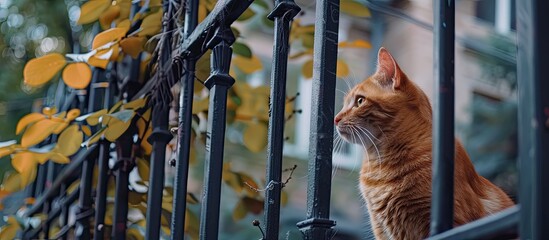 An orange tabby cat is sitting outside on a clean fresh deck gazing through the black iron railings likely watching birds or squirrels It s an adorable hunting cat. Copy space image