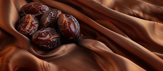 Dried dates set against a brown fabric background DOF and copy space