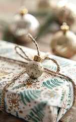 Wall Mural - Close-up of a beautifully wrapped holiday gift with festive ornaments, creating a warm and cheerful atmosphere.