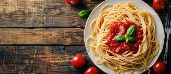 Sticker - Spaghetti pasta with tomato sauce serving size for a second course Food background with top view copy space