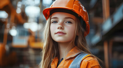 Wall Mural - A young girl in a safety helmet and work uniform in an industrial setting.