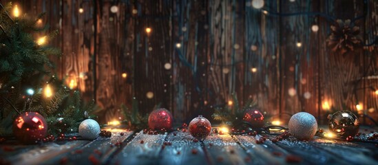 Canvas Print - Christmas or New Year backdrop Vintage Christmas tree decoration balls and light garland on a rustic wooden background selective focus copyspace