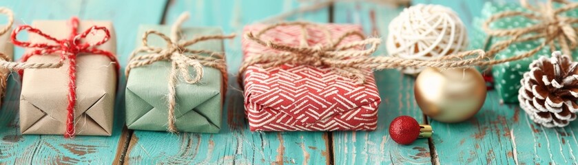 Sticker - Colorful gift boxes adorned with twine, perfect for celebrating holidays and special occasions on a rustic wooden background.