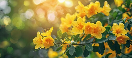 Poster - a shrub bearing vibrant yellow flowers close up featuring copyspace with a natural landscape in the 