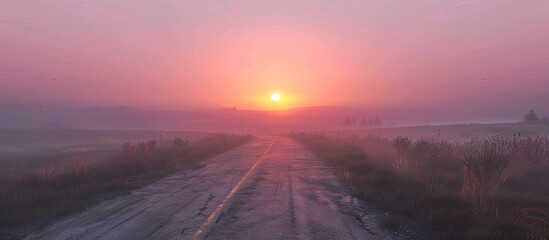 Poster - Sunrise over a deserted foggy road. Copy space image. Place for adding text and design