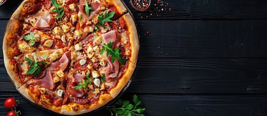 Wall Mural - Baked pizza topped with salami prosciutto and chicken featuring red sauce and melted cheese against a black wooden background alongside ingredients Top view. Copy space image