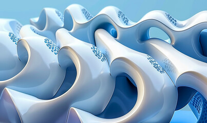 Wall Mural - Abstract 3D Geometric Figures with Organic Curves on Blue Background - Futuristic and Artistic Digital Render