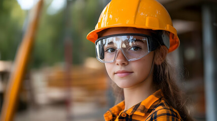 Wall Mural - A young girl wearing a hard hat and safety goggles at a construction site.