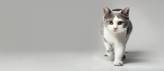 a grey and white house cat is walking while looking at the camera. copy space image. place for addin